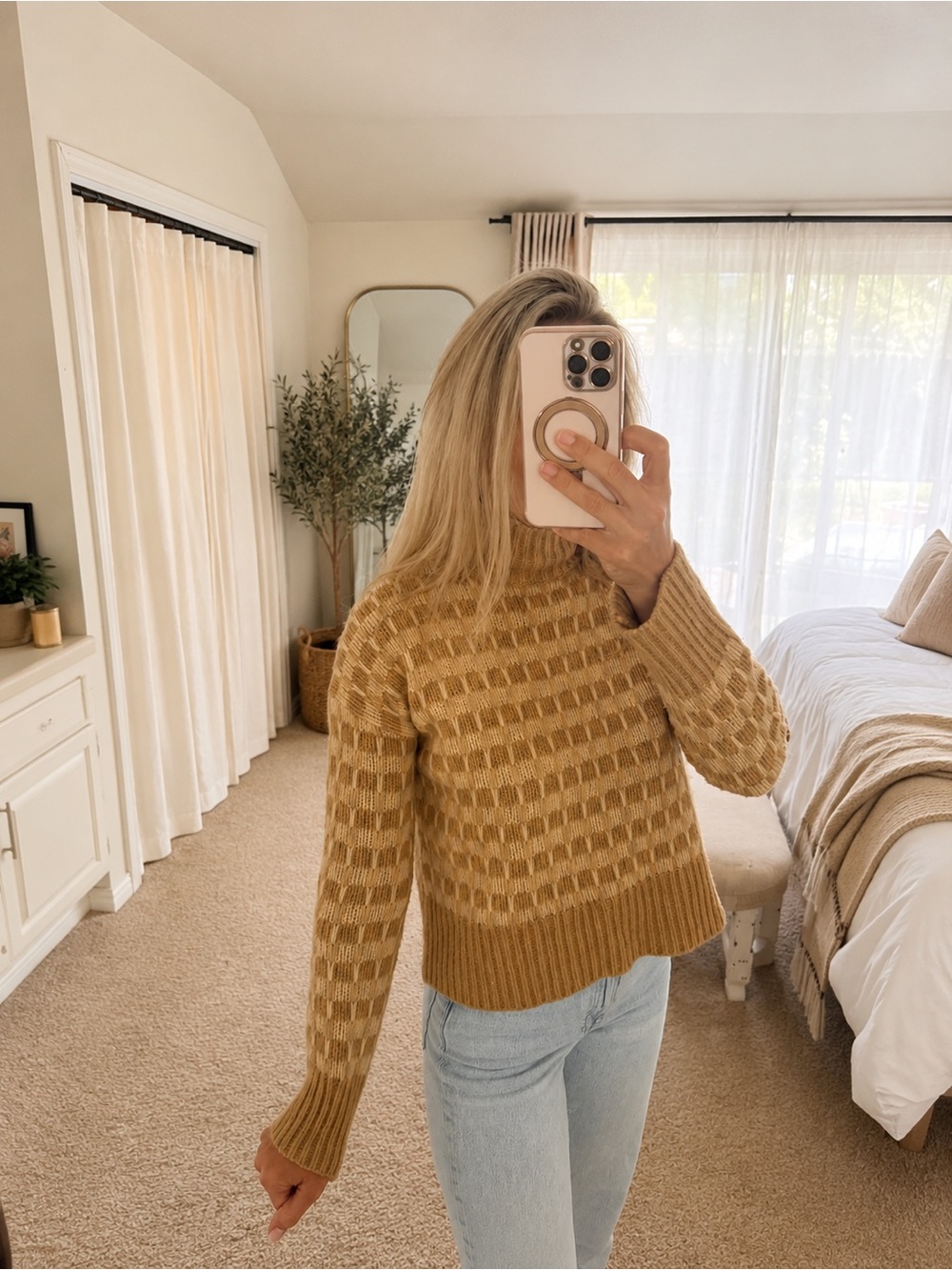 Everlane Honey Camel Check Knit Crewneck Sweater